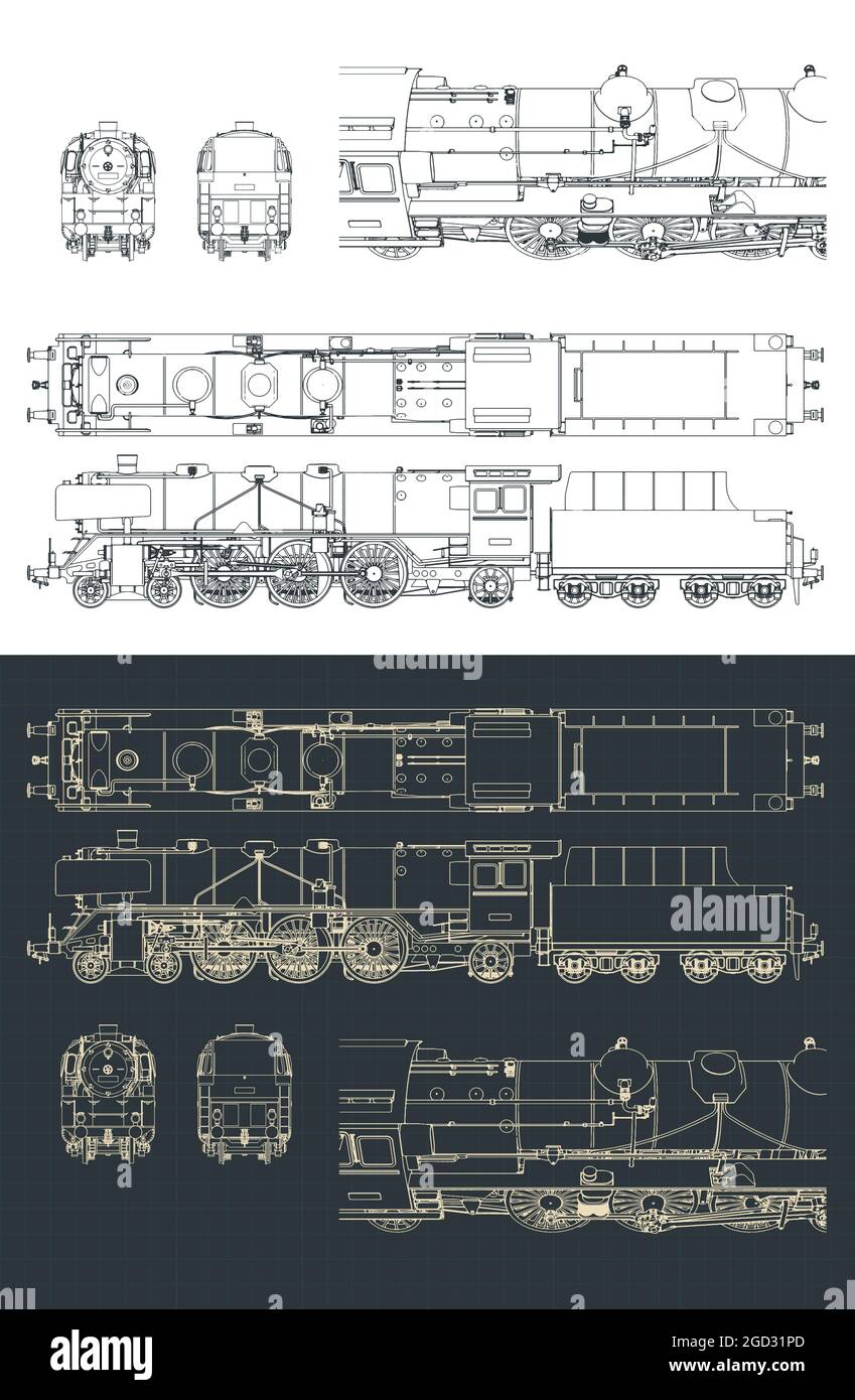 Stylized vector illustration of blueprints of steam locomotive Stock Vector