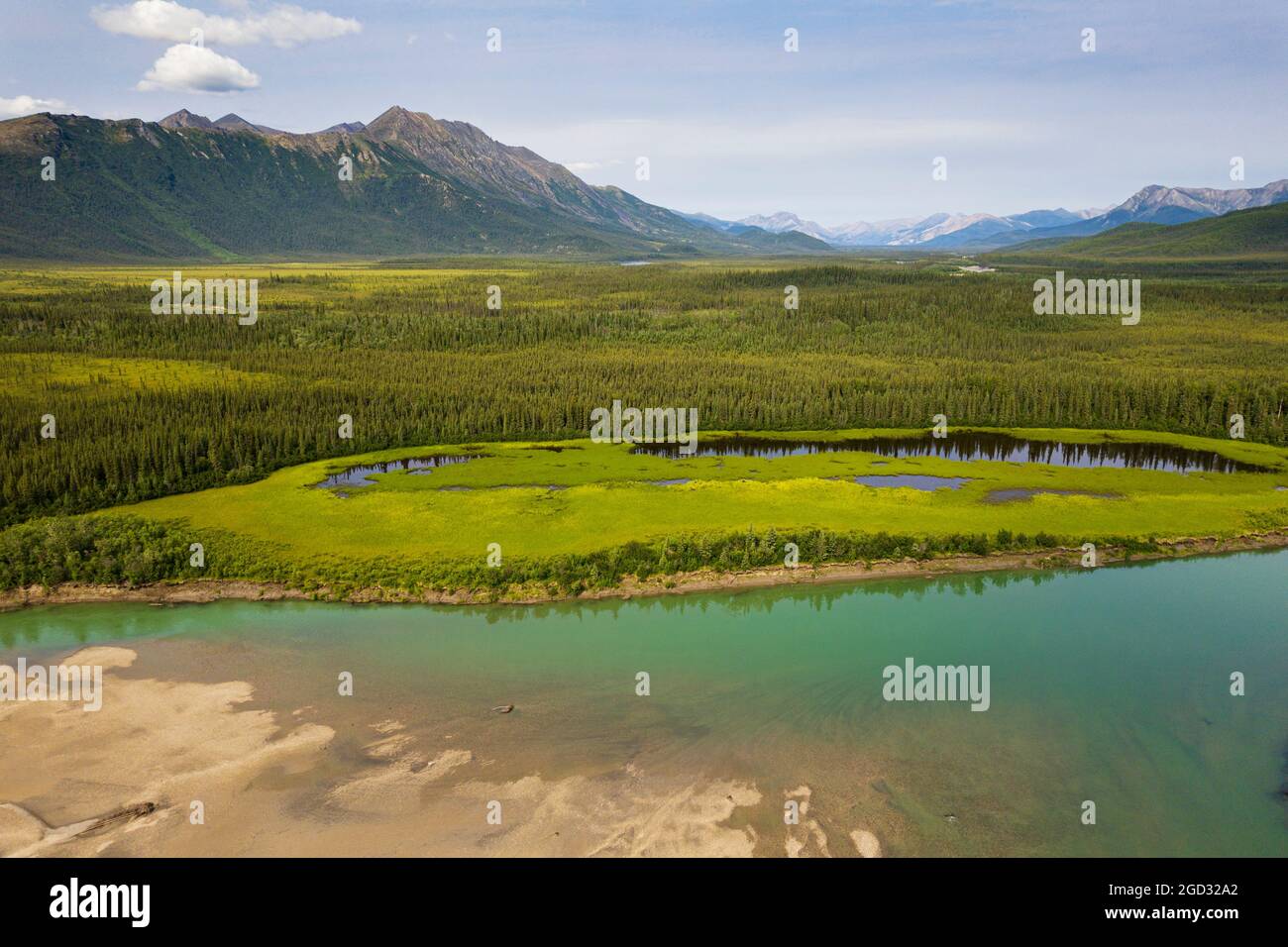View of the John River looking north toward the southernmost portion of the remote Brooks Mountain Range north of the Arctic Circle in Alaska just sou Stock Photo