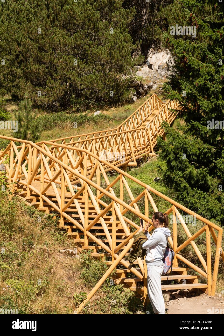 Newly built designated steep stairs of wooden boardwalk in Pirin National Park and Reserve, Pirin Mountain, Bulgaria, Balkans, Europe Stock Photo