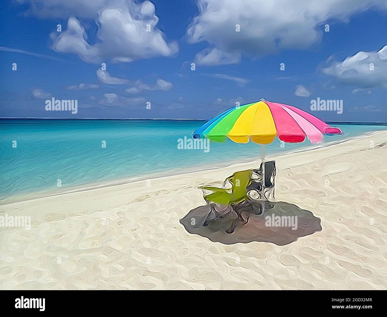 An illustration of a colorful beach umbrella and chairs by ocean waves lapping on the beach on a beautiful sunny day along the shoreline in Bimini, Ba Stock Photo