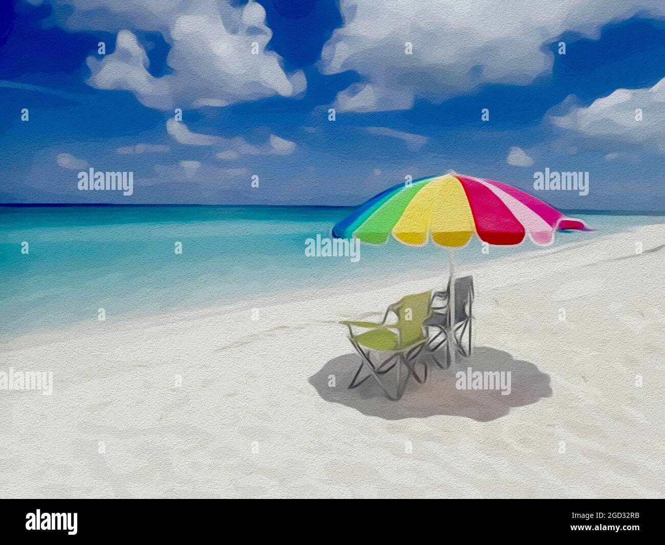 An illustration of a colorful beach umbrella and chairs by ocean waves lapping on the beach on a beautiful sunny day along the shoreline in Bimini, Ba Stock Photo