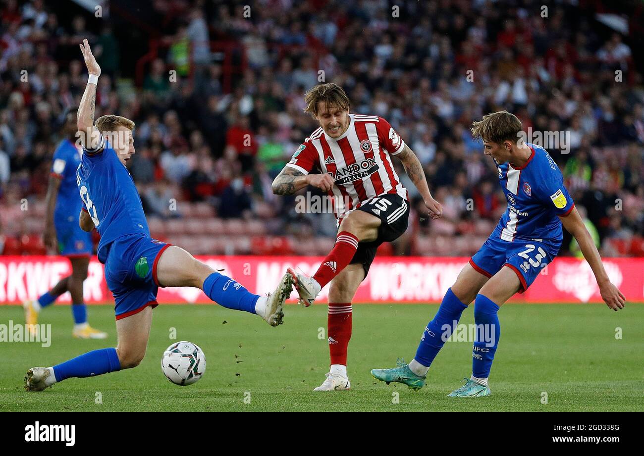 Sheffield, England, 10th August 2021.  Luke Freeman of Sheffield Utd shoots at goal during the Carabao Cup match at Bramall Lane, Sheffield. Picture credit should read: Darren Staples / Sportimage Stock Photo