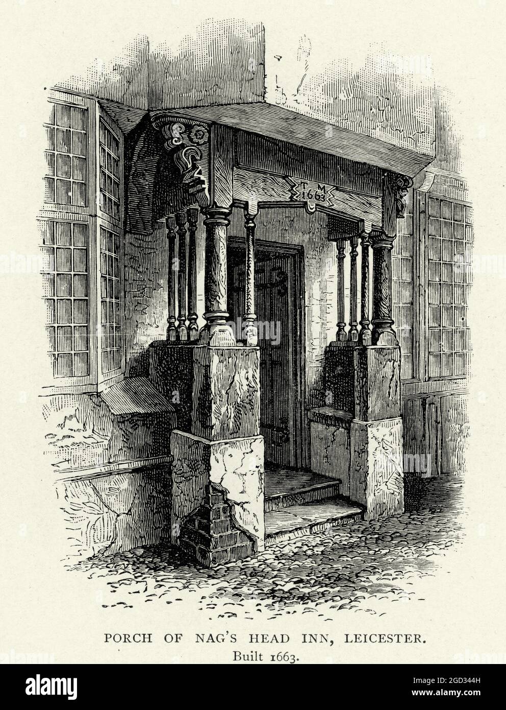 Porch of Nag's Head Inn, Leicester, built 1663, 17th Century English Architecture Stock Photo