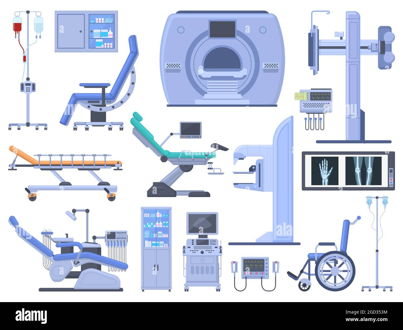 Hospital medical diagnostic healthcare equipment tools. Dentist chair,  wheelchair, blood transfusion, cardiograph, ultrasound, x-ray machine  vector Stock Vector Image & Art - Alamy