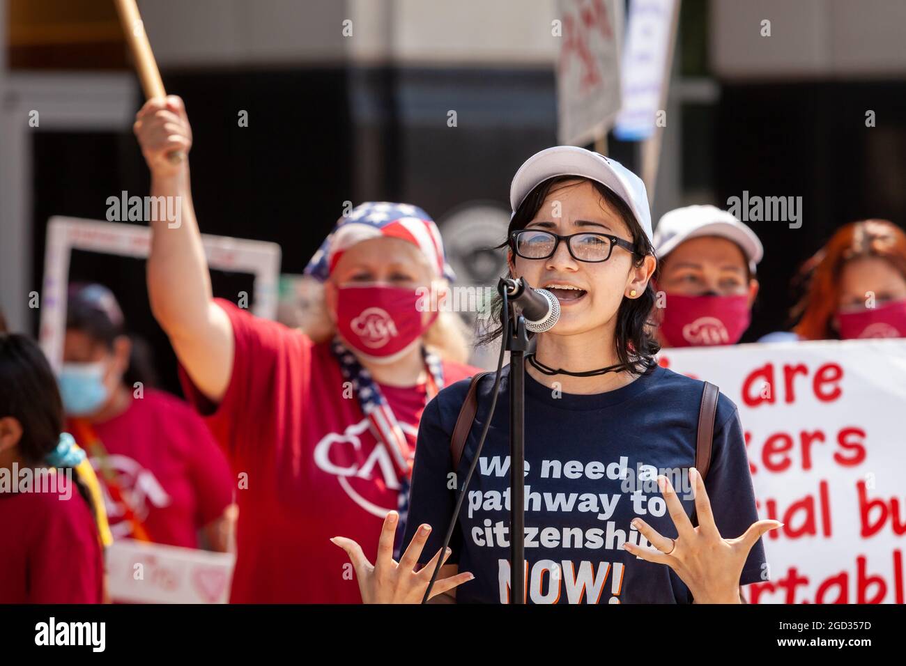 Washington, DC, USA, 10 August, 2021.  Pictured: Immigrants and supporters rally to demand that Immigration and Customs Enforcement (ICE) treat immigrants as people, not simply 'priority' or 'non-priority' categories.  Credit: Allison Bailey / Alamy Live News Stock Photo