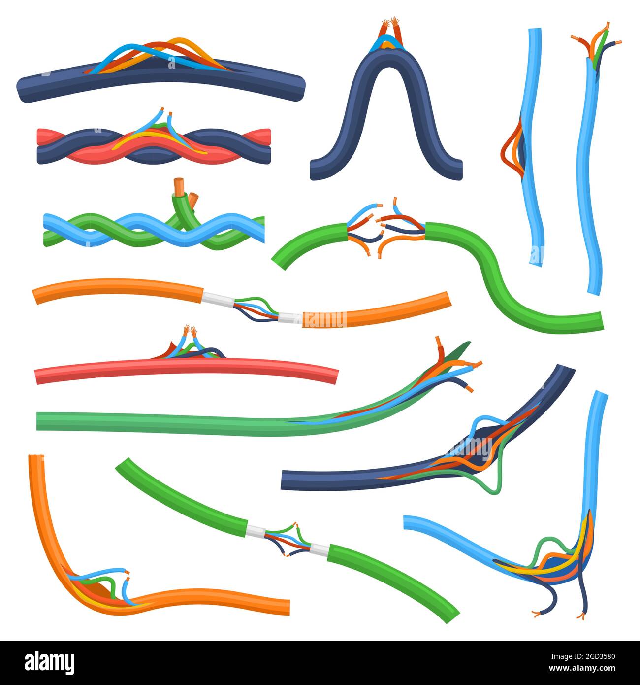 Damaged broken short circuit electrical cable wires. Electrical