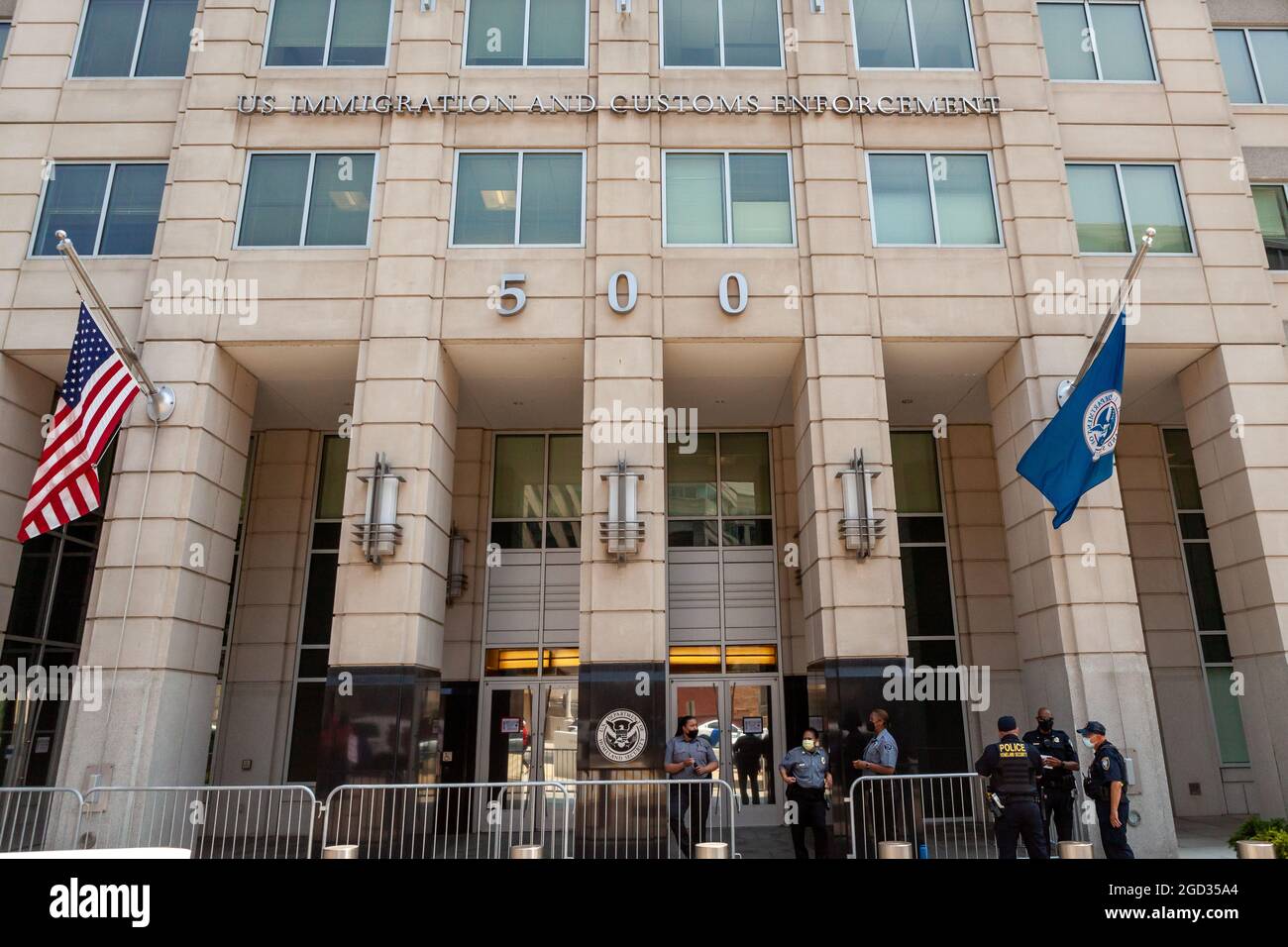 Washington, DC, USA, 10 August, 2021.  Pictured: The Immigration and Customs Enforcement (ICE) headquarters building, photographed during at a rally demanding that ICE treat immigrants as people, not simply 'priority' or 'non-priority' categories.  Credit: Allison Bailey / Alamy Live News Stock Photo