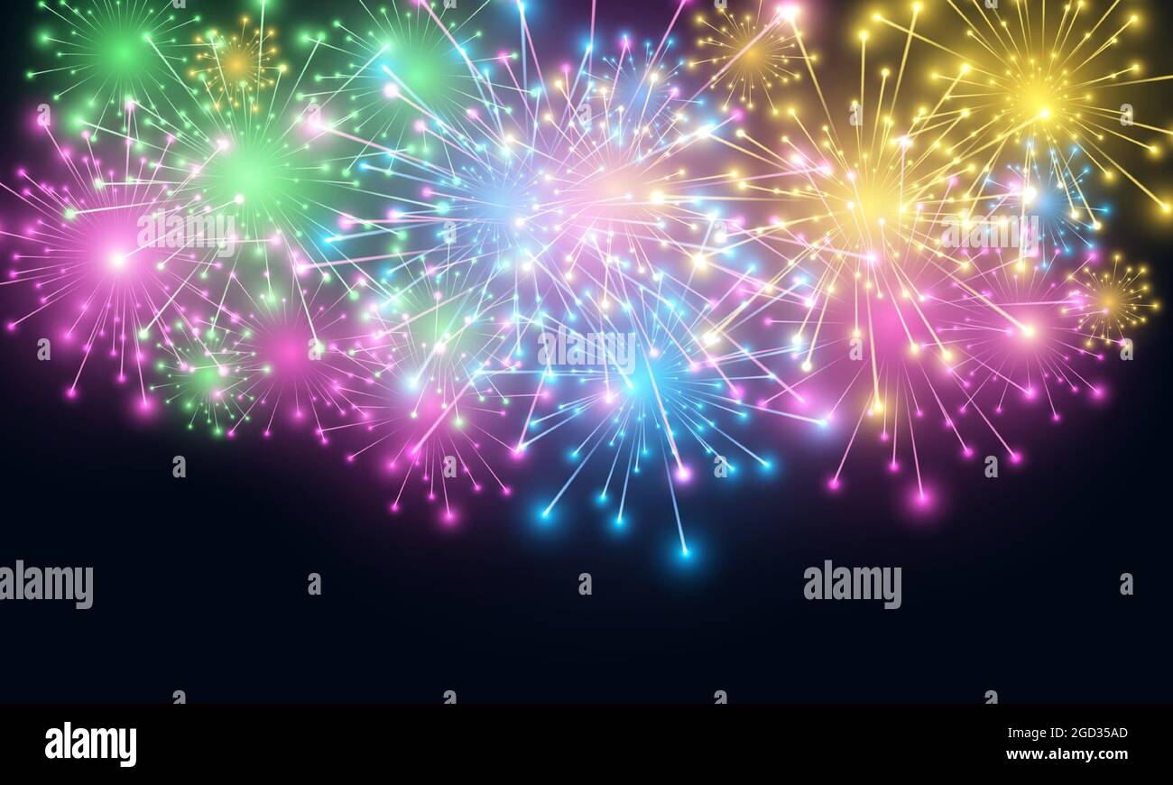 Festive fireworks with brightly shining sparks. Colorful firecrackers and celebration lights in night sky. Happy new year sparkle. Realistic fireworks Stock Vector