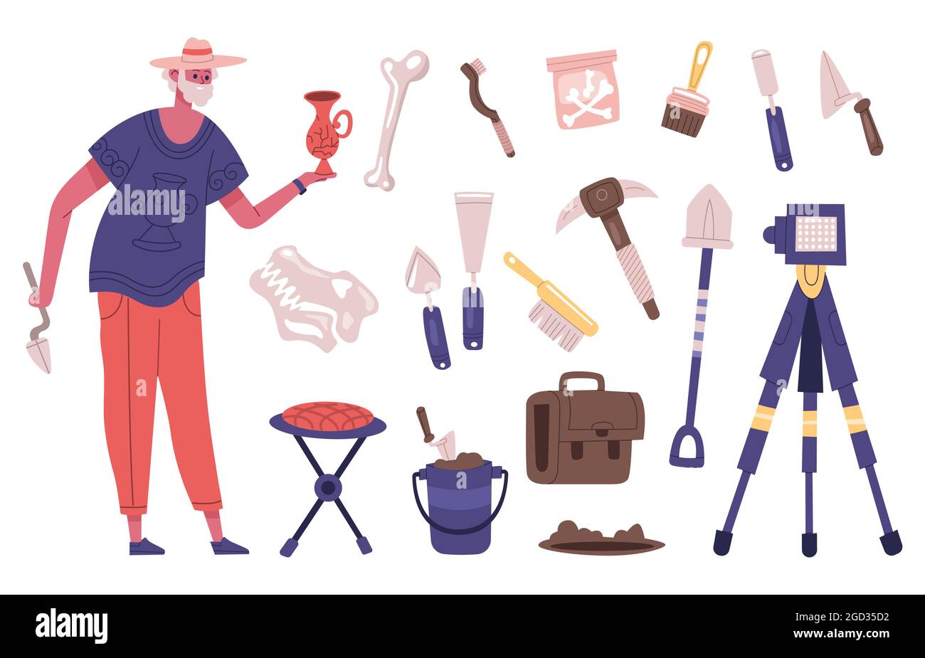 Archaeology explorer character with archaeology dig equipment and artefacts. Male archaeologist at work vector illustration. Archaeology excavation Stock Vector
