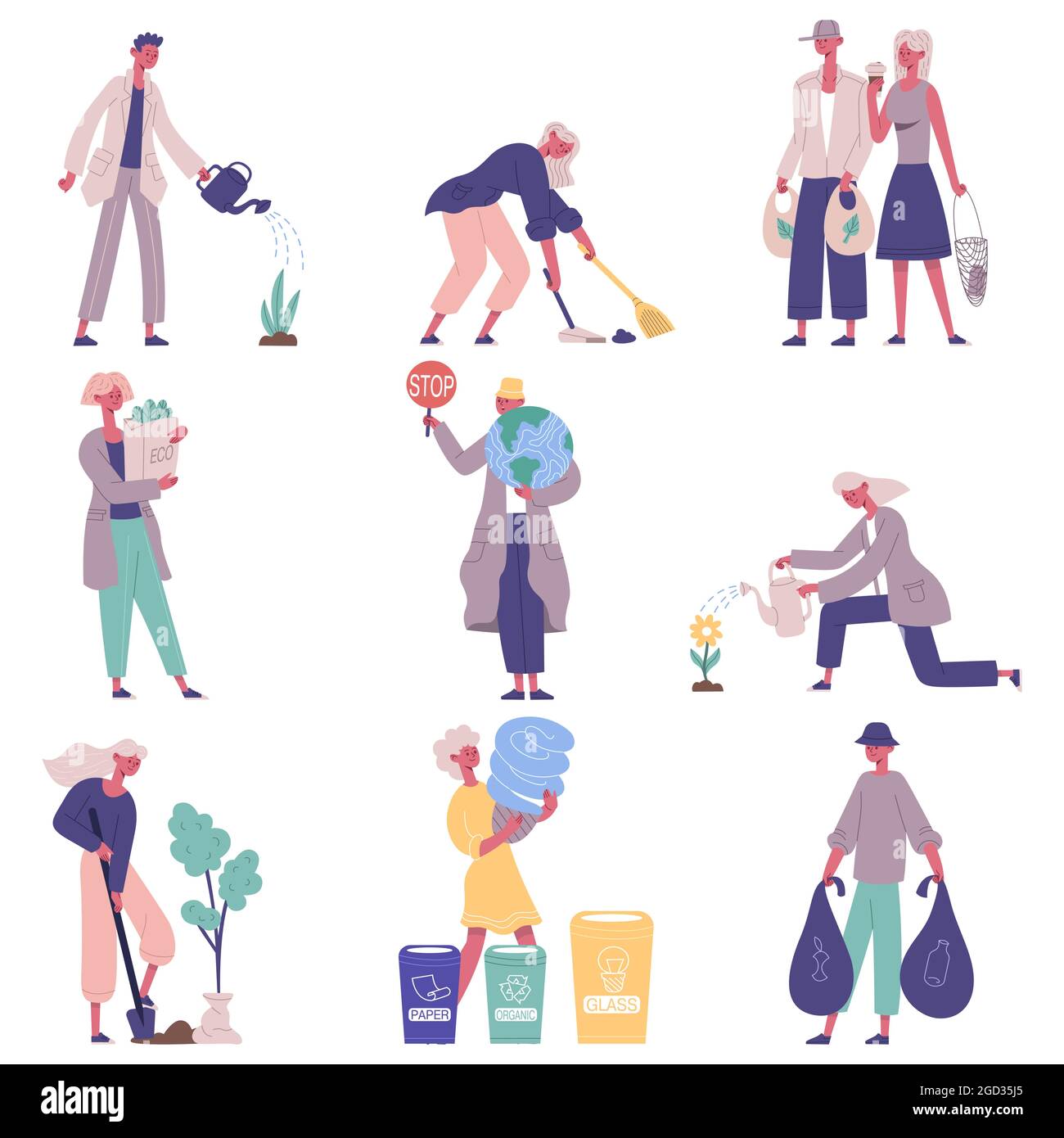 People protect, take care nature and ecology environment. Eco friendly people growing plants, sorting waste vector illustration set. Environmental Stock Vector