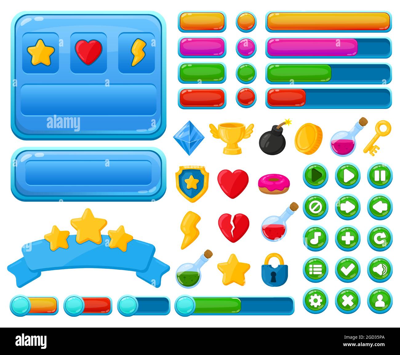 Cartoon user interface casual video games ui kit elements. Game interface  buttons, menu elements and game trophies vector illustration set. Casual  Stock Vector Image & Art - Alamy