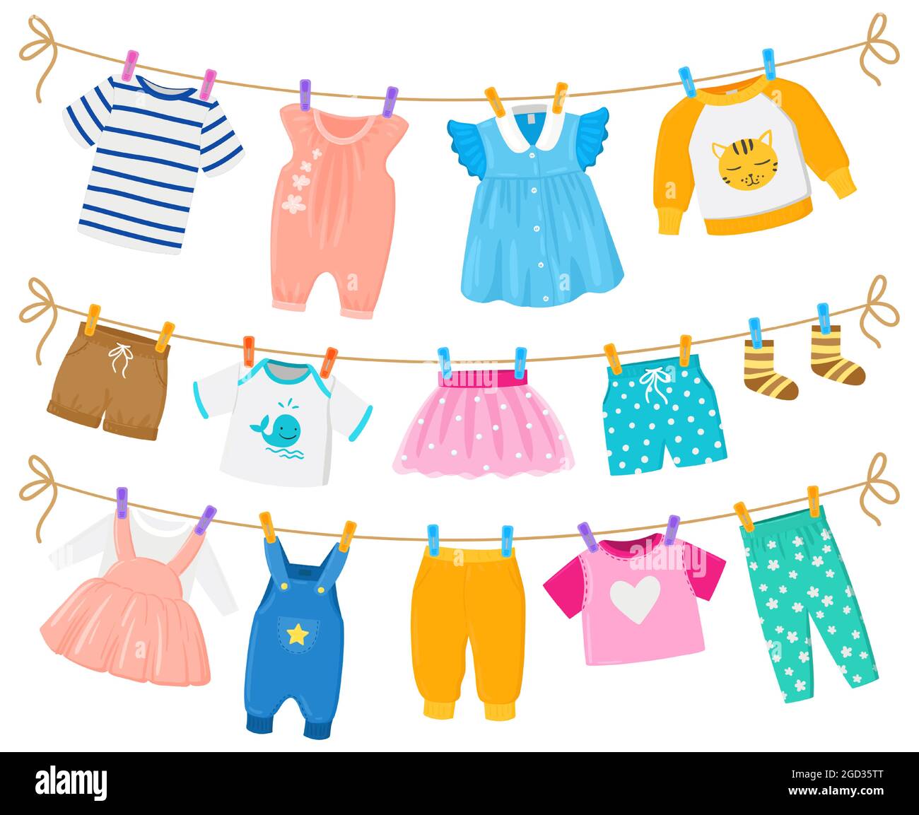 Cartoon childrens clean clothes dry hanging ropes. Kids cute garments shorts, dresses, shirts hanging clothesline vector illustration. Baby boy and Stock Vector Image & Art - Alamy Cartoon childrens clean clothes dry hanging ropes. Kids cute garments shorts, dresses, shirts hanging clothesline vector illustration. Baby boy and Stock Vector Image & Art - Alamy