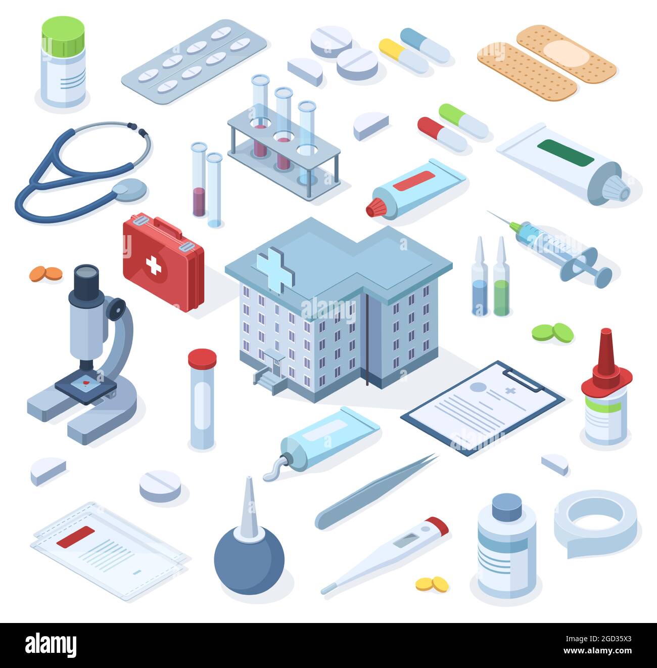 Healthcare pharmacy isometric first aid kit supplies. Healthcare