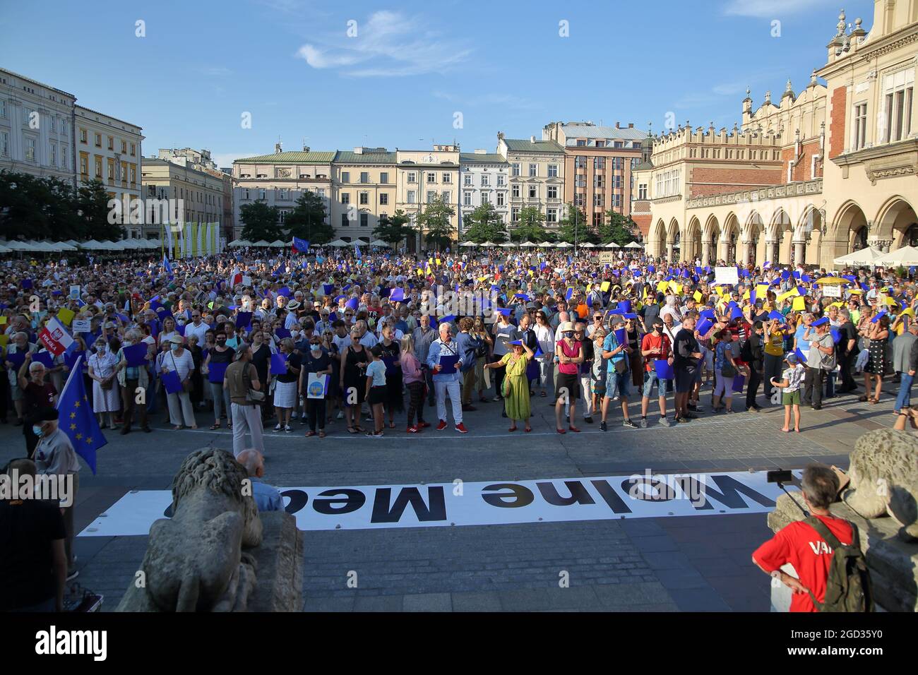 Krakow, Poland - August 10 2021: Crowd of people demonstrate in Krakow against blcking TVN tv channel by government and ruling party Law and Justice. Stock Photo