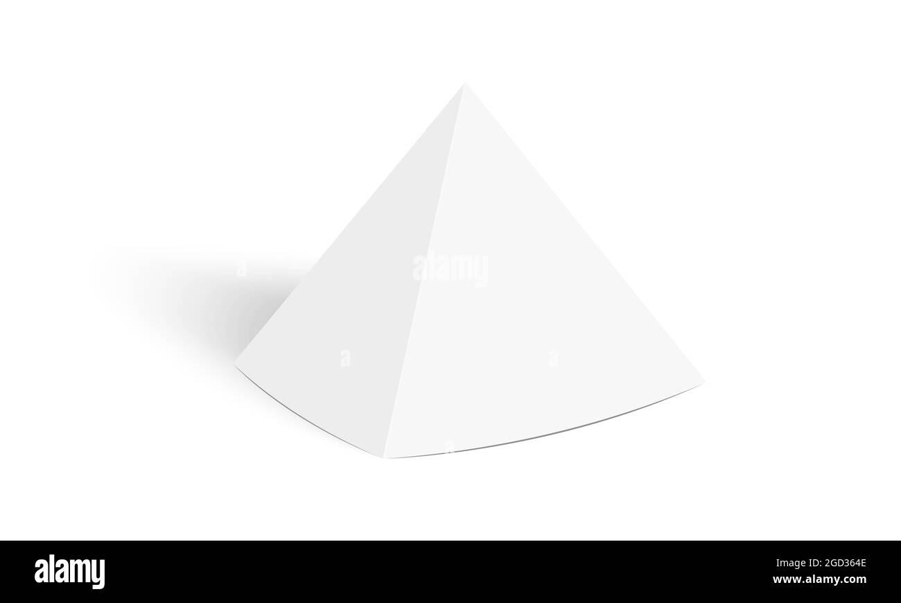 White pyramid tent card mockup. Paper or cardboard pyramidal display stand isolated on white background. Table talker template with shadow. Vector realistic illustration. Stock Vector