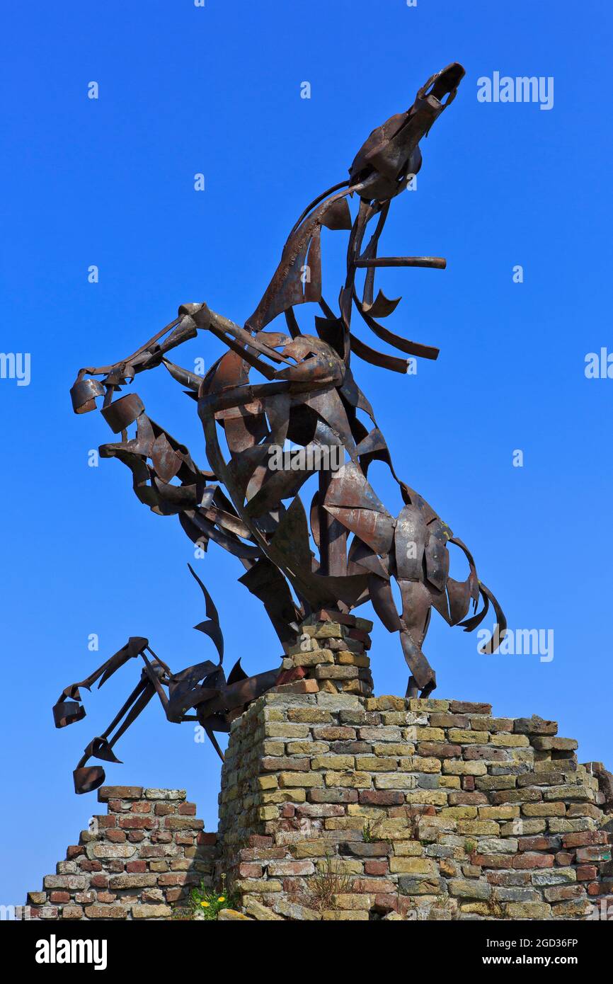 The War Horse Memorial (by Luc Coomans) in remembrance of the war horses who served and died during World War I in Vlamertinge (Ypres), Belgium Stock Photo