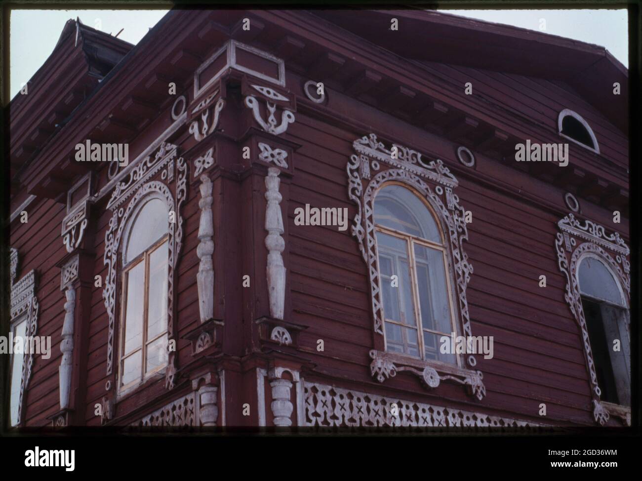 Kalinin house (early 20th century), facade decoration, Belozersk, Russia; 1998 Stock Photo