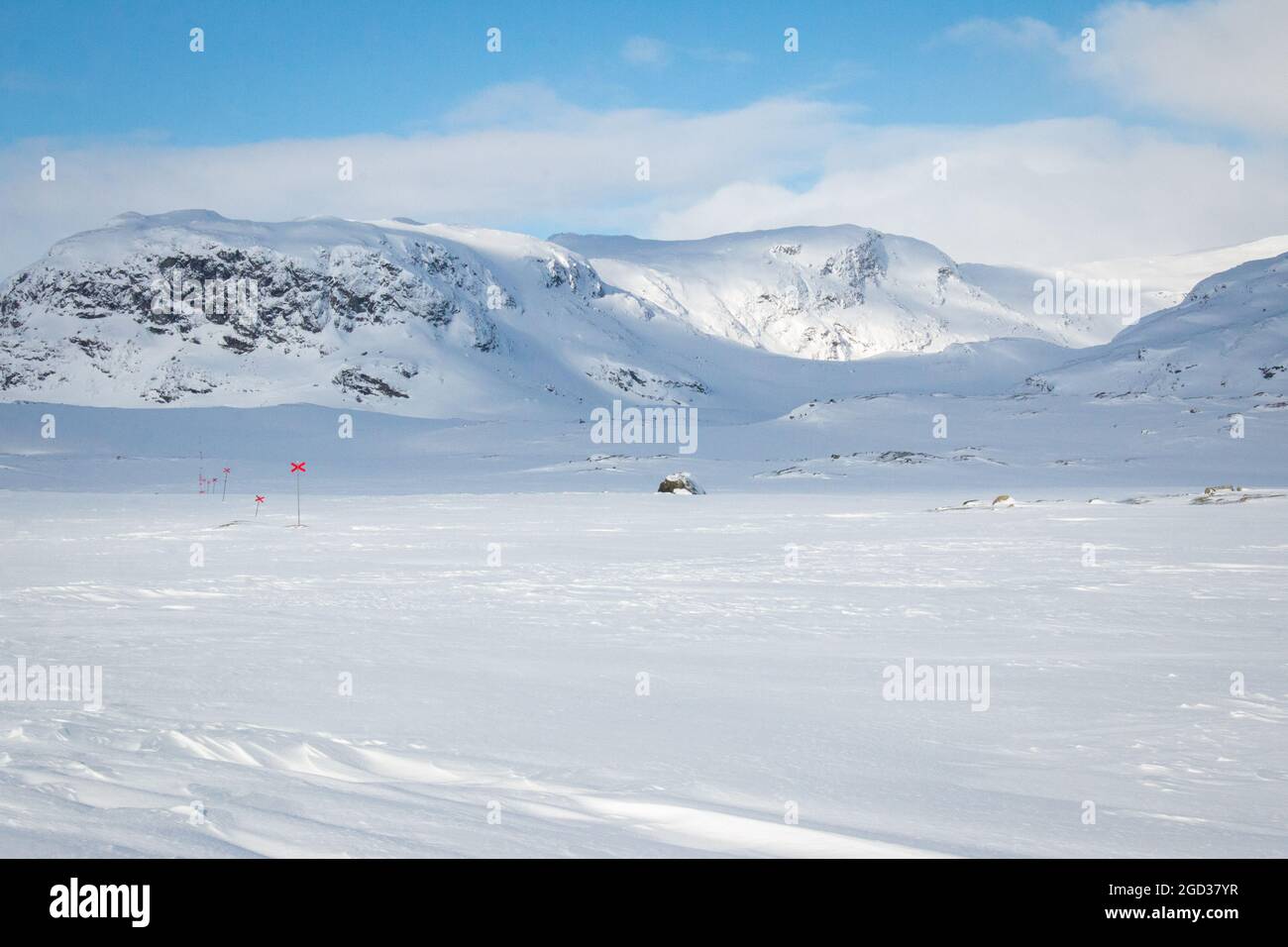 Snowshoeing Kungsleden trail close to Alesjaure hut early in the morning in April 2021, Lapland, Sweden Stock Photo