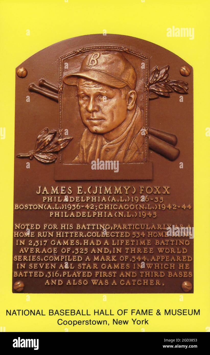 Souvenir postcard depicting the Hall of Fame plaque for Jimmy Foxx who was active in the 1920s, 30s, and 40s. Stock Photo