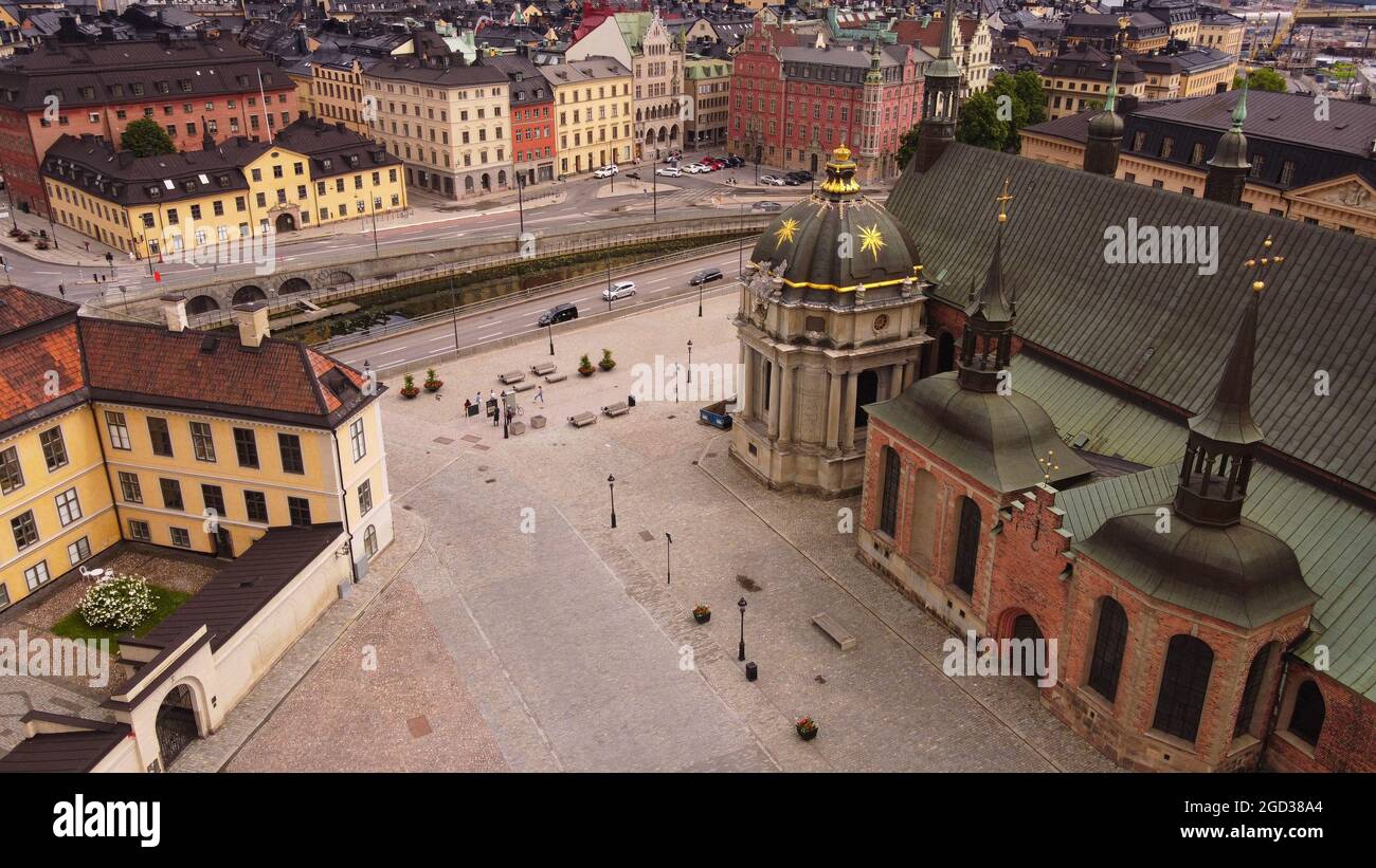 A drone shot of the Gamla Stan and Riddarholmskyrkan church in the old center of Stockholm, Sweden Stock Photo