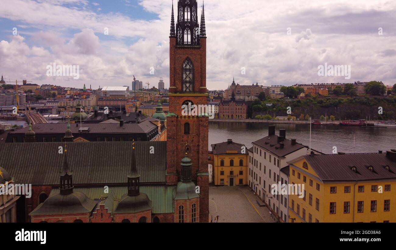 A close drone shot of Riddarholmskyrkan church, Stockholm, Sweden Stock Photo