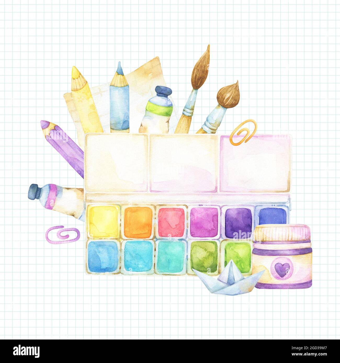 Square template with art supplies watercolor illustration on