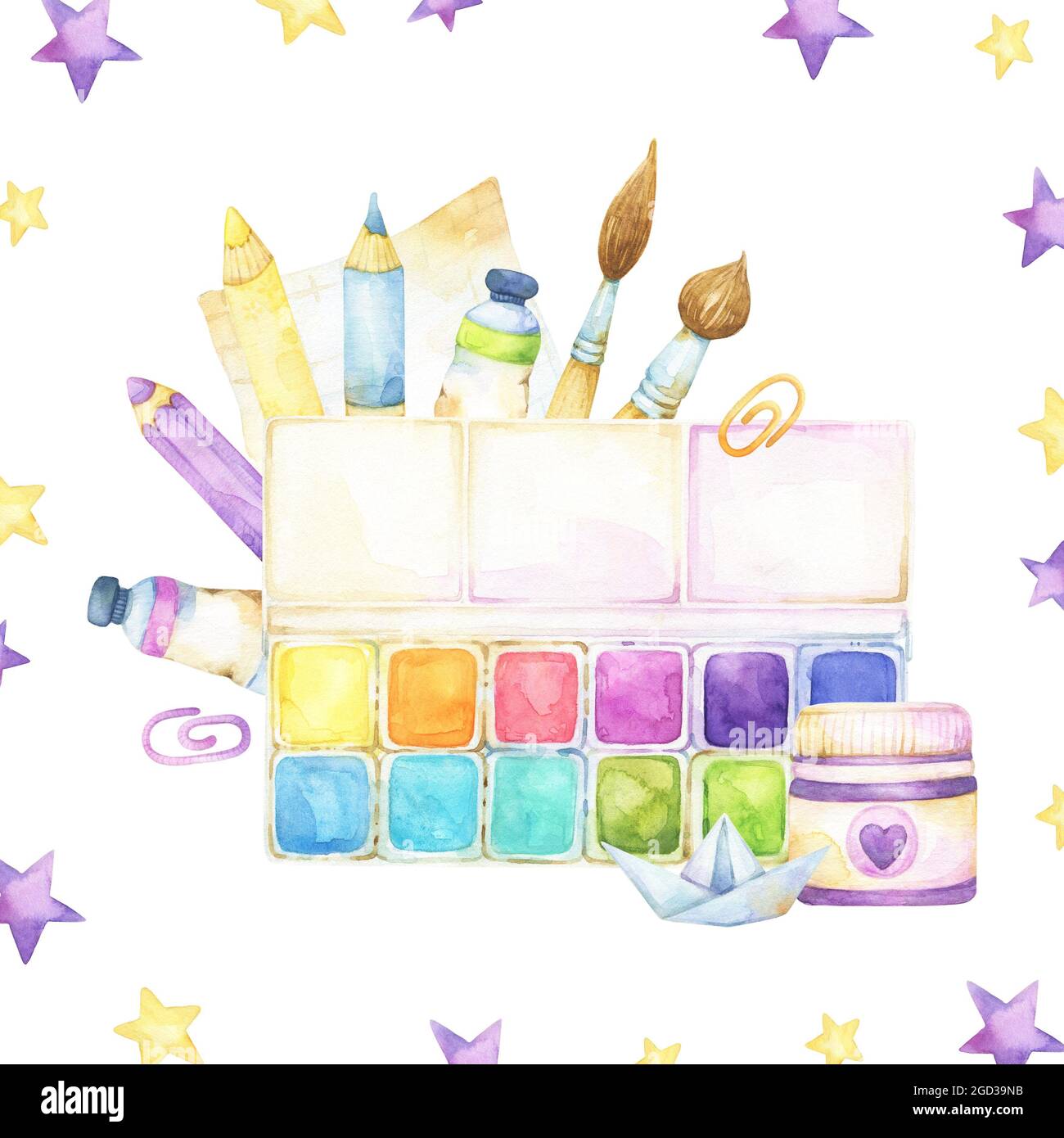 https://c8.alamy.com/comp/2GD39NB/square-template-with-art-supplies-watercolor-illustration-isolated-on-white-background-including-back-to-school-items-for-craft-and-painting-station-2GD39NB.jpg