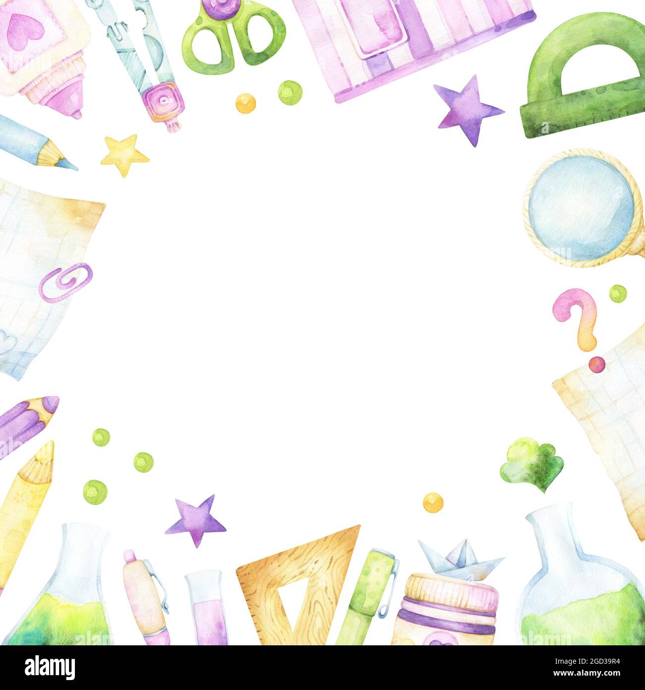 Colorful square watercolor back to school frame with craft and art