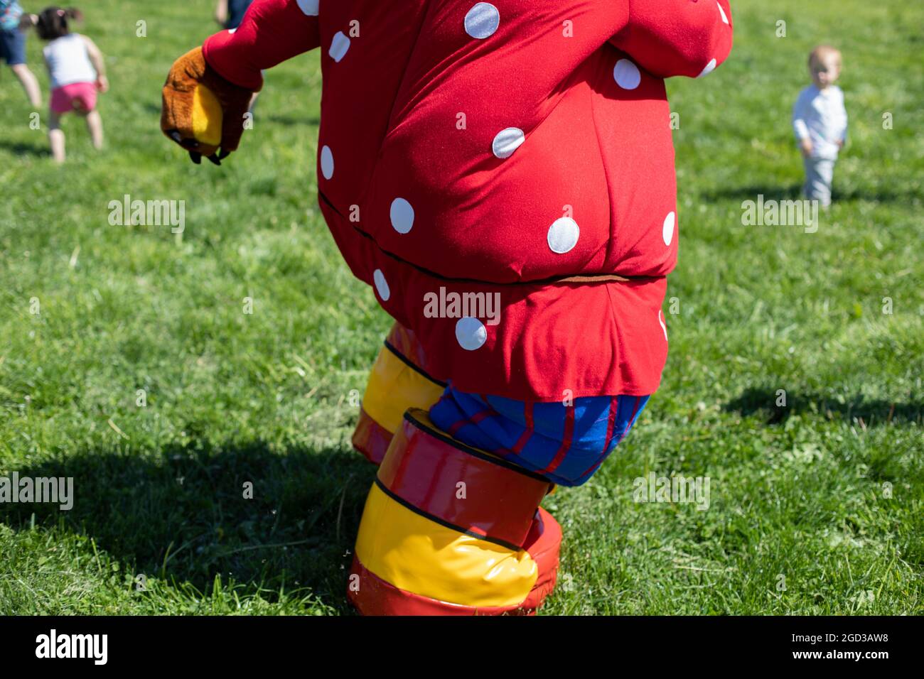 Man in bear clothes. A man entertains children in the summer in the park in a costume of a clumsy bear. Stock Photo