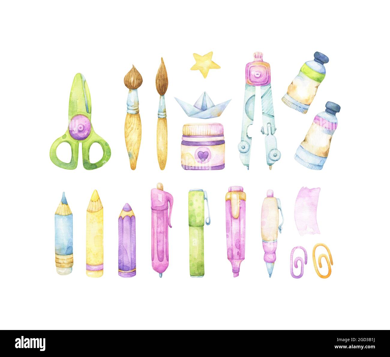 Set of bright watercolor back to school or art and craft supplies