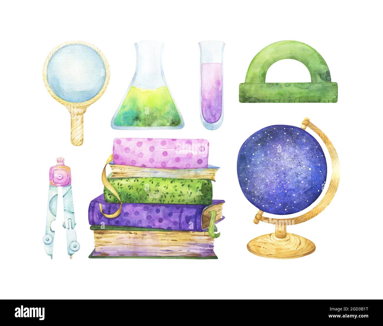 Set of back to school watercolor clipart items isolated on white background, including school supplies such as stack of books, globe, test tubes Stock Photo