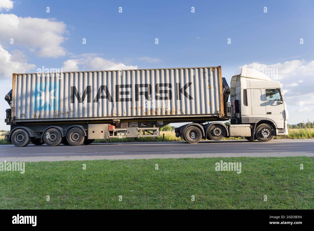 MAERSK container truck out on the road for delivery A2, London Greenwich England Stock Photo