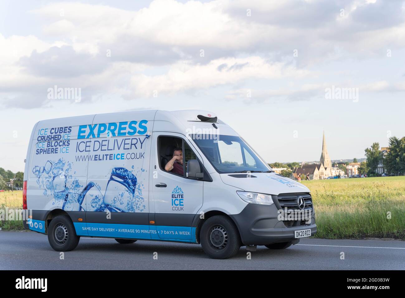 Ice cubes van  out on the road for delivery A2, London Greenwich England Stock Photo