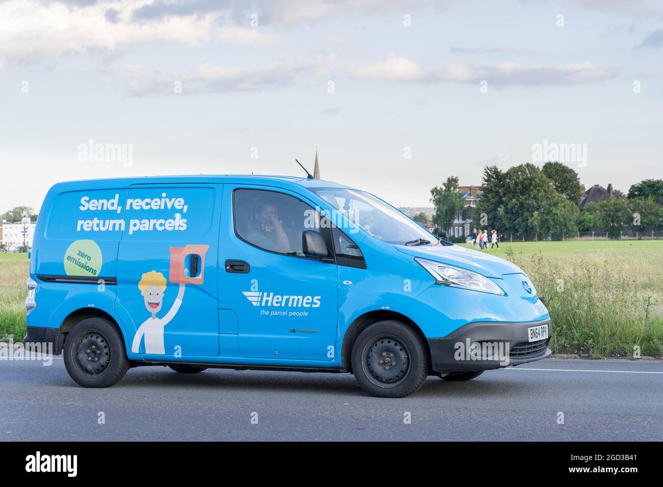 Hermes delivery Van in Blue out on the road for delivery A2, London  Greenwich England Stock Photo - Alamy