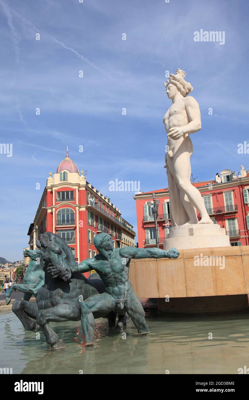 Fontaine du Soleil (Fountain of the Sun), Place Massena, Nice, Cote d'Azur, Provence, French Riviera, France, Europe Stock Photo