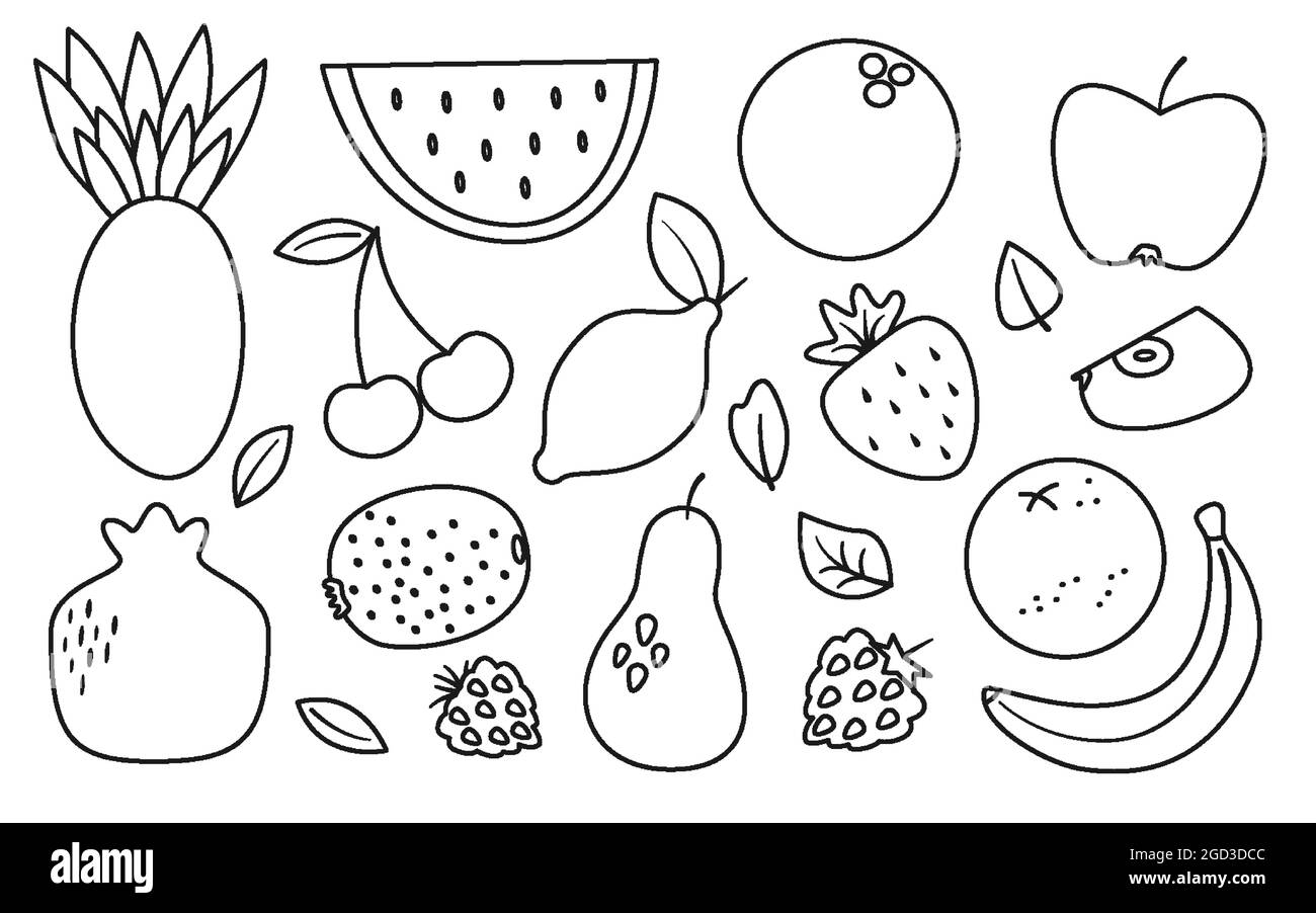 Fruit and berry cartoon line black icon set for app, web. Watermelon and strawberry, pear, kiwi, pineapple, blackberry, raspberry, lemon, pomegranate, coconut, apple slice, cherry orange and banana Stock Vector