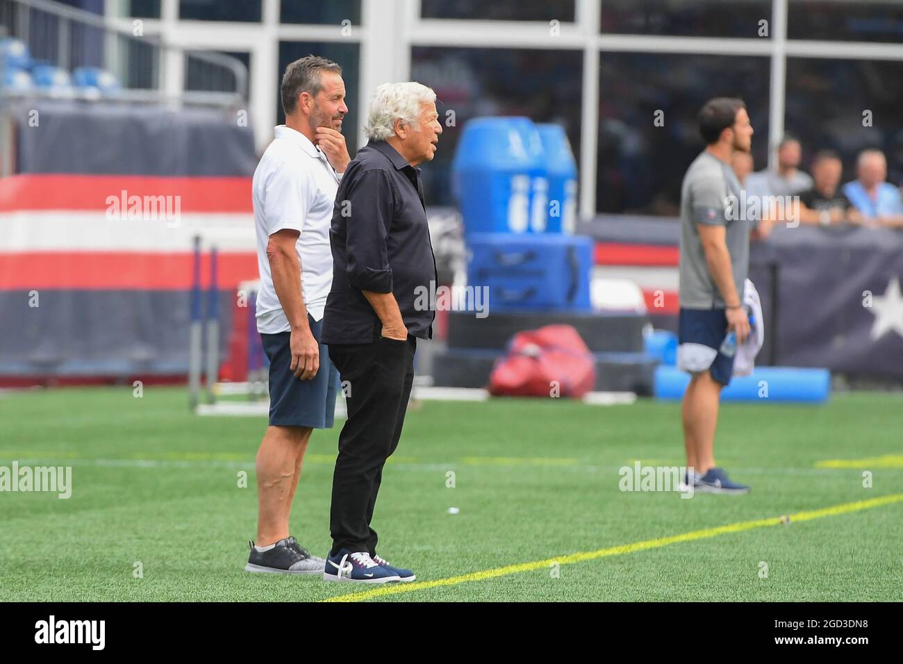 Tuesday, August 10, 2021: New England Patriots owner Robert Kraft (black shirt) watches practice at the New England Patriots training camp held at Gillette Stadium, in Foxborough, Massachusetts. Eric Canha/CSM Stock Photo