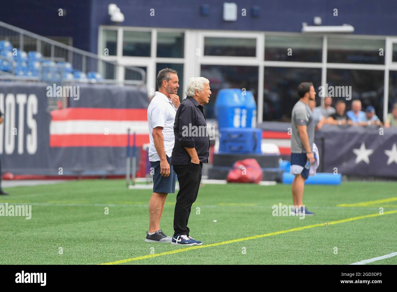 Tuesday, August 10, 2021: New England Patriots owner Robert Kraft (black shirt) watches practice at the New England Patriots training camp held at Gillette Stadium, in Foxborough, Massachusetts. Eric Canha/CSM Stock Photo