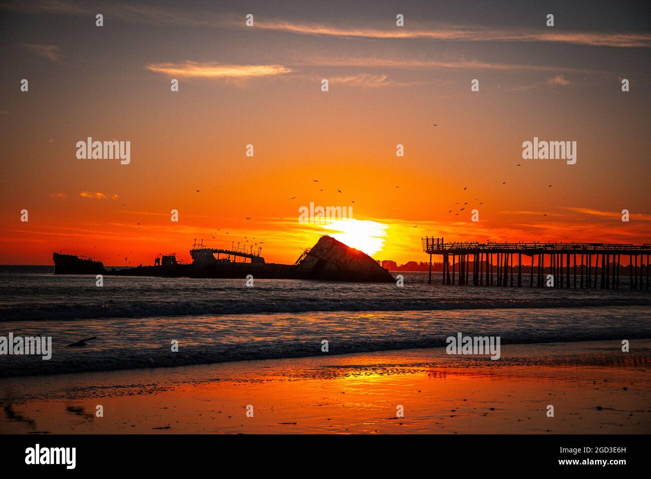 A picture of the Santa Cruz Cement ship. This place is located along Rio Del Mar beach and is in between sea cliff state beach. Stock Photo