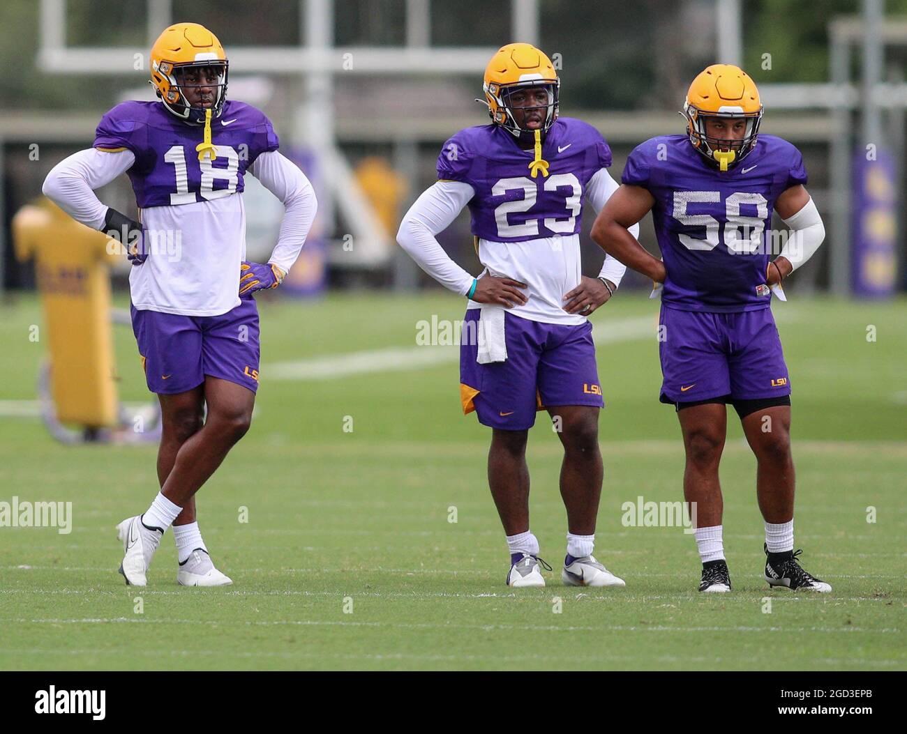 August 10, 2021: LSU linebackers Damone Clark (18), Micah Baskerville (23), and Jared Small (58) watch a drill during the first week of fall football camp at the LSU Charles McClendon Practice Facility in Baton Rouge, LA. Jonathan Mailhes/CSM Stock Photo