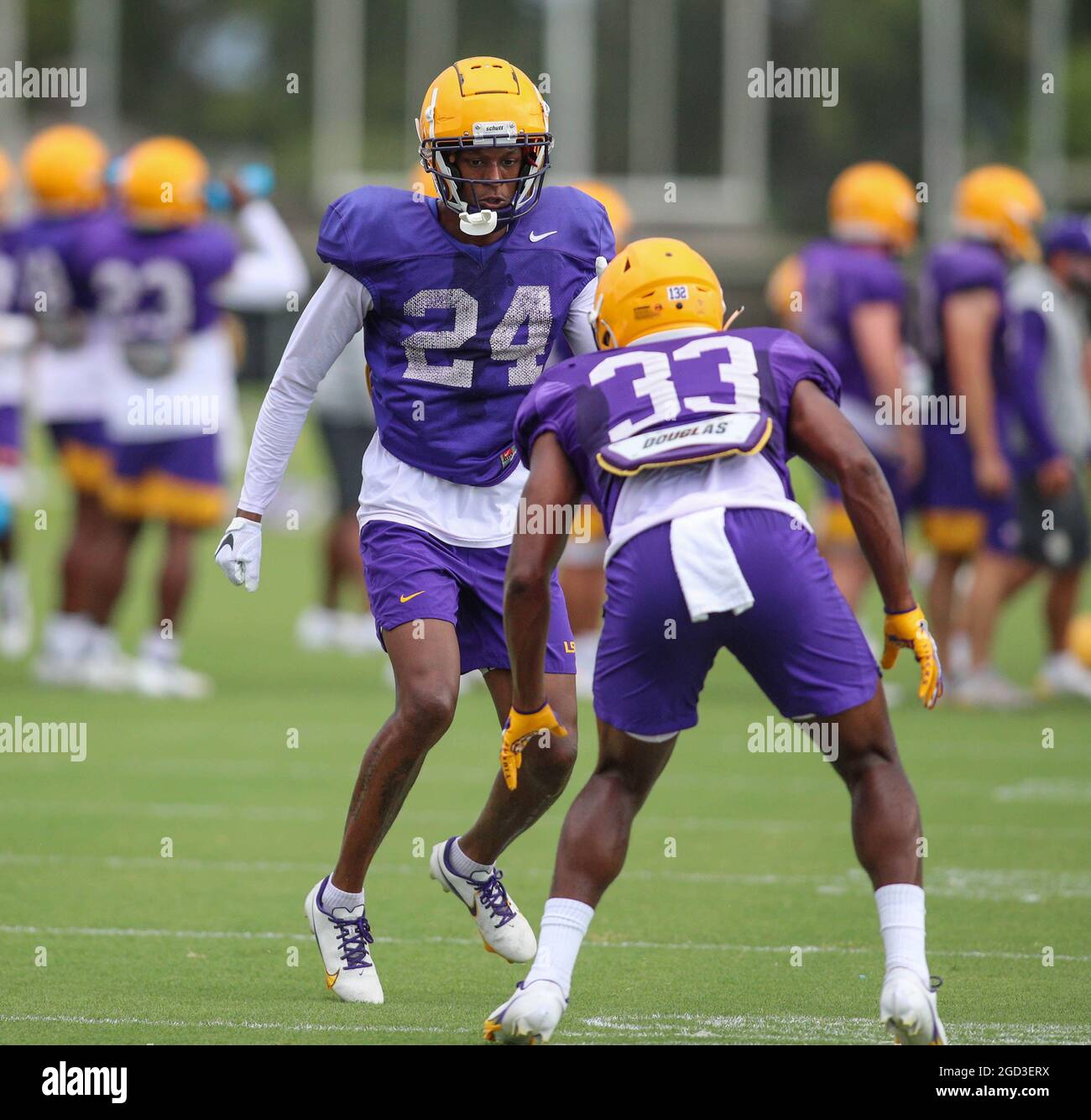 August 10, 2021: LSU defensive backs Darren Evans (24) and Lloyd Cole (33) run drills during the first week of fall football camp at the LSU Charles McClendon Practice Facility in Baton Rouge, LA. Jonathan Mailhes/CSM Stock Photo