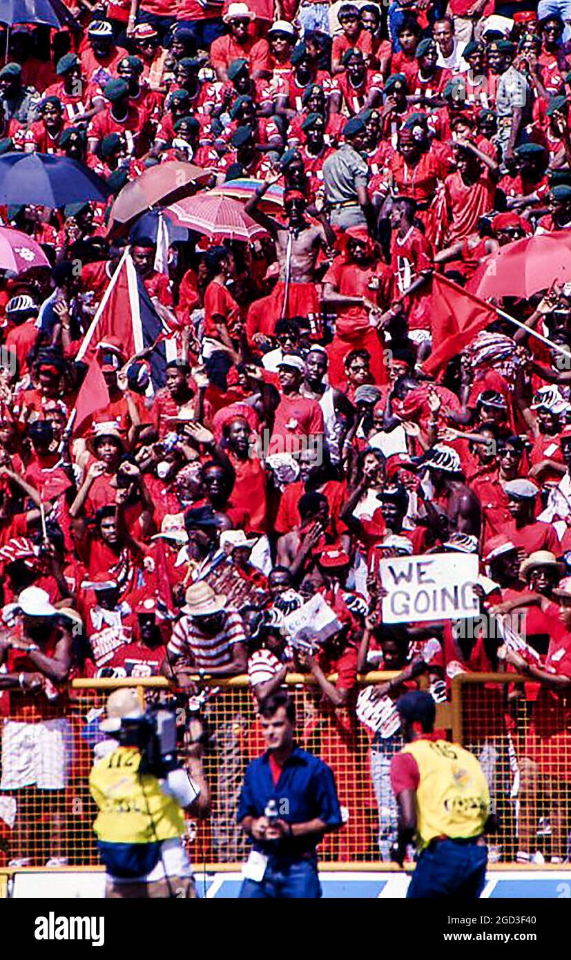 Fans at Hasely Crawford Stadium in Port of Spain, Trinidad for the 1990 World Cup qualifier between Trinidad and the USA. Stock Photo