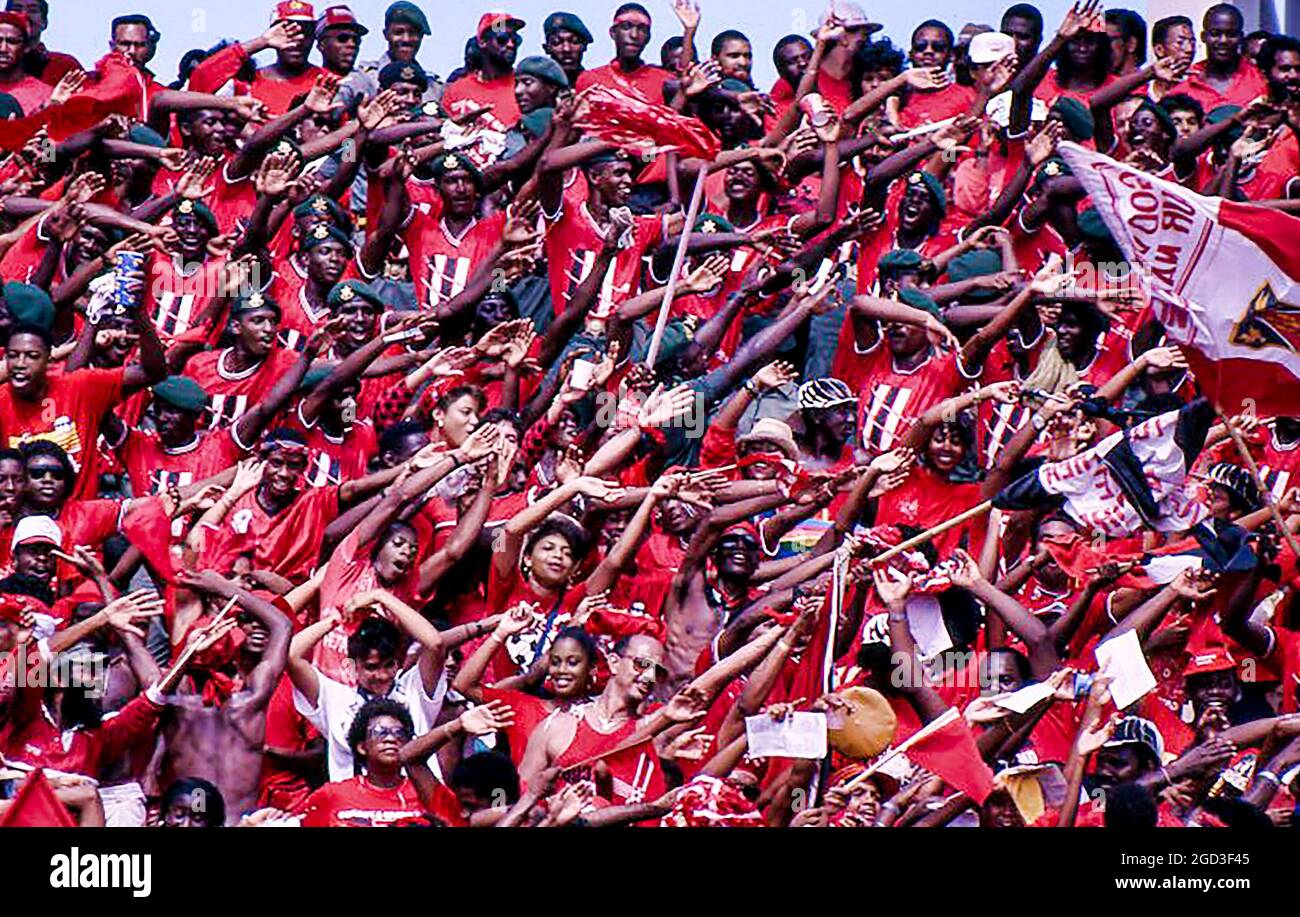 Fans at Hasely Crawford Stadium in Port of Spain, Trinidad for the 1990 World Cup qualifier between Trinidad and the USA. Stock Photo
