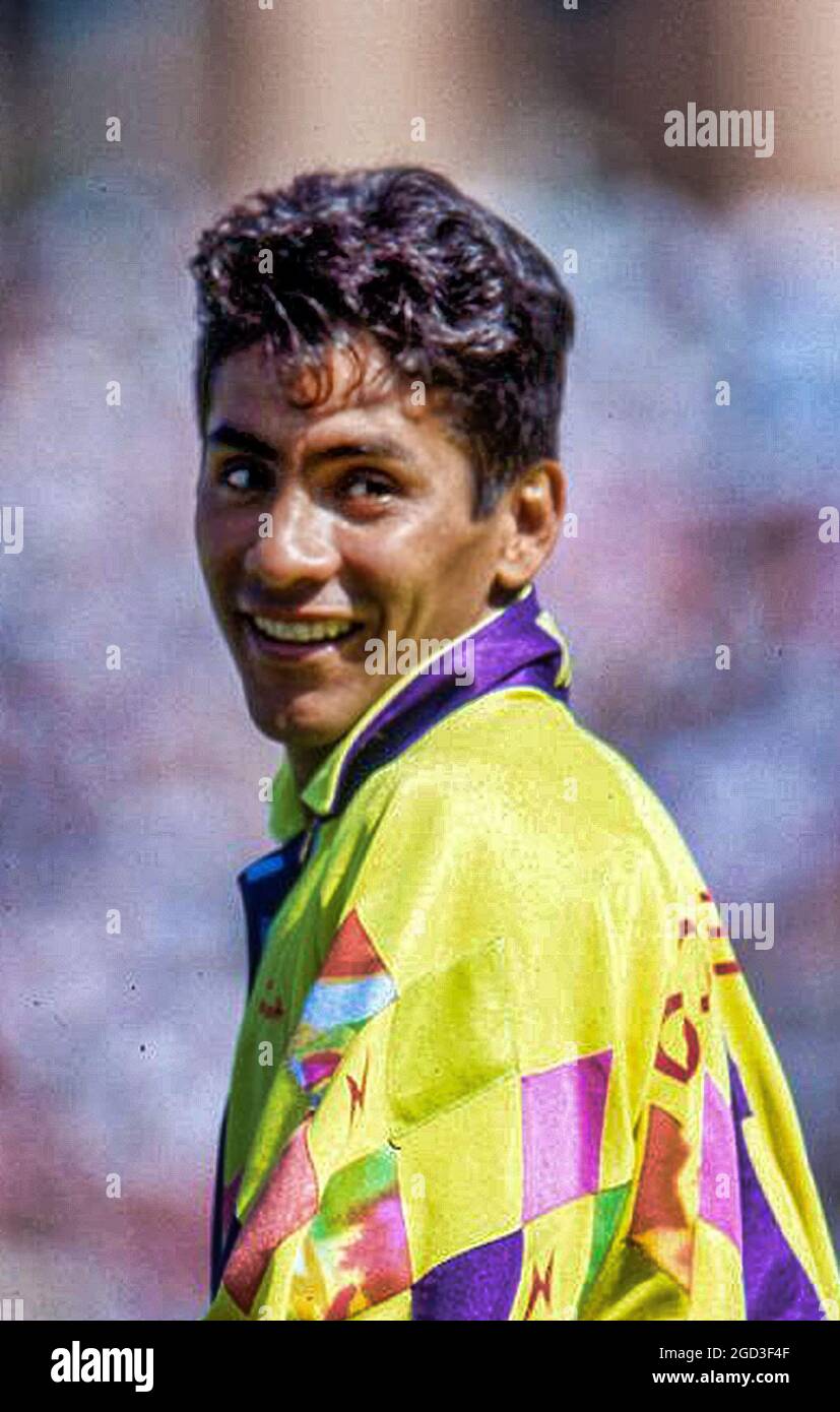 Colorful Mexican goalkeeper Jorge Campos looks over his shoulder Stock Photo
