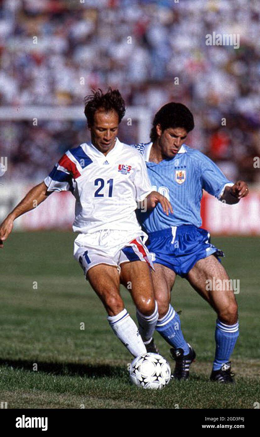 USA national team player Fernando Clavijo #12 in action against Uruguay in the 1993 Copa America tournament, in Ambato, Ecuador. Stock Photo
