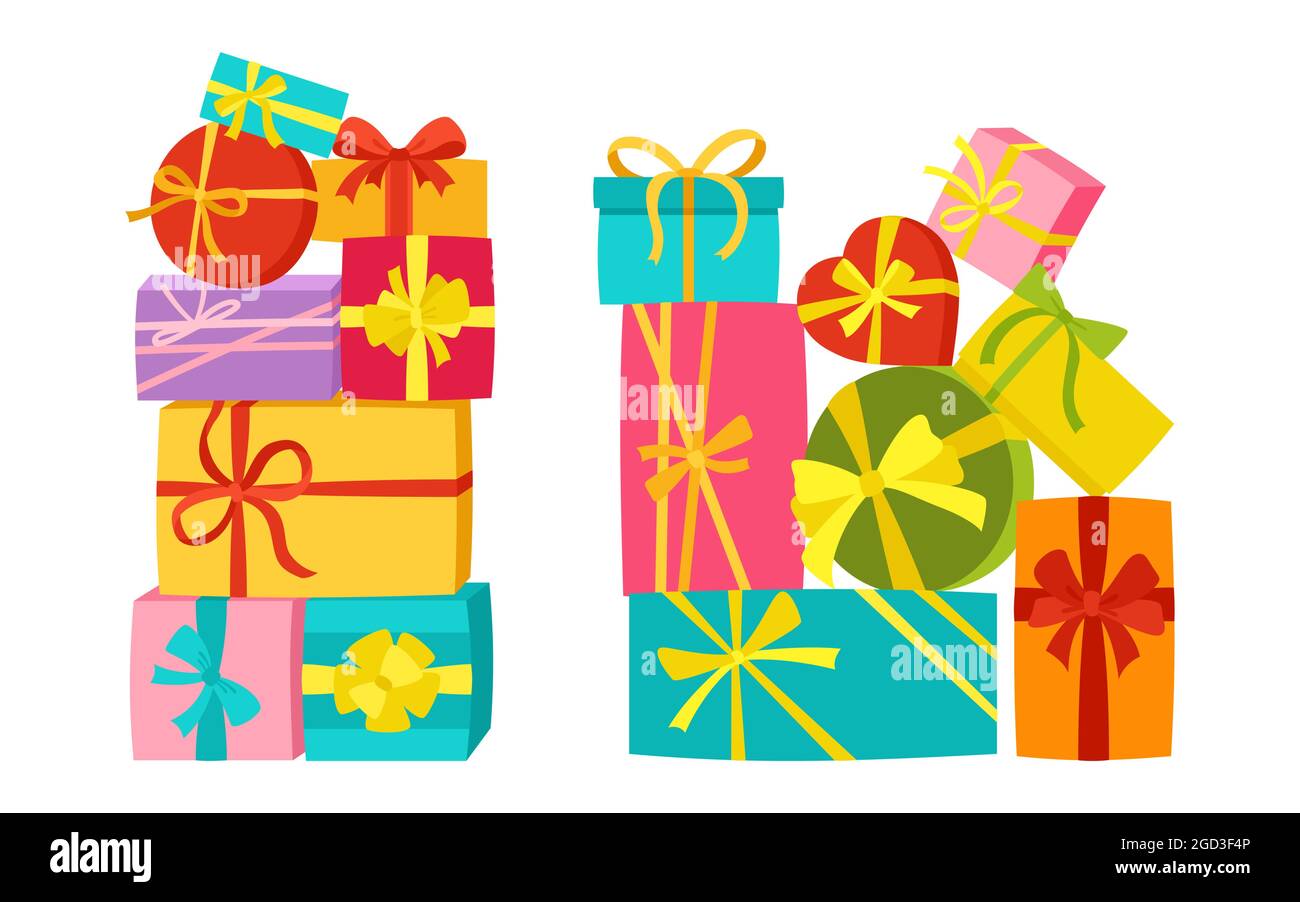 Gift Box pile with Ribbon, birthday cartoon set. Giveaway present mountain,  Holiday anniversary surprise stack gift symbol different shape. Sale  shopping Birthday Party, Christmas or Wedding jumble Stock Vector Image &  Art -