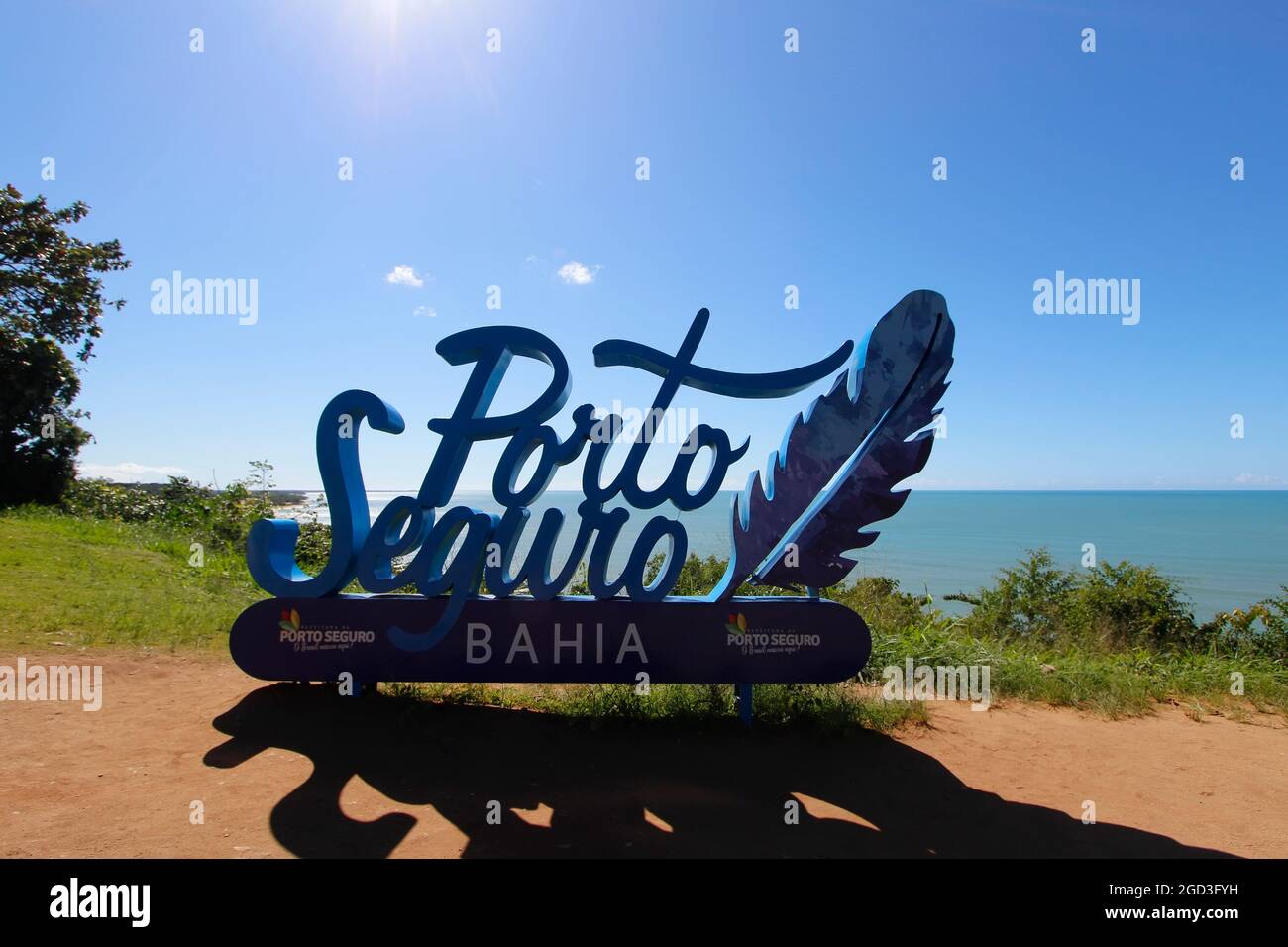 Porto Seguro, Bahia, Brazil - July 18, 2021: arriving signage tourism board with Porto Seguro inscription in large, colorful letters in the historic c Stock Photo