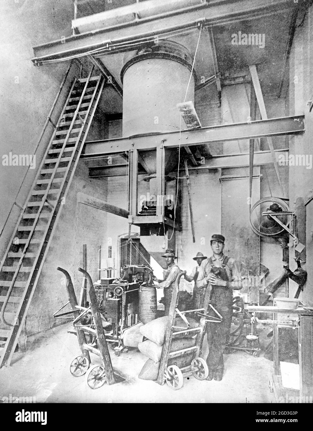 Filling, weighing, and sewing sacks of granulated sugar in a beet sugar factory ca.  between 1910 and 1920 Stock Photo