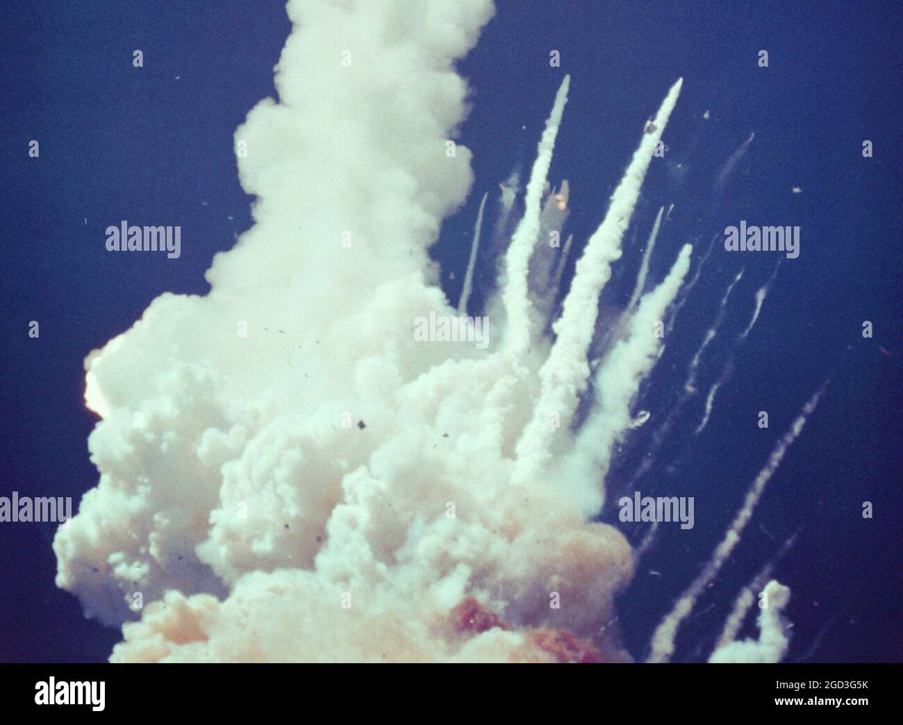 The Space Shuttle Challenger explodes 73 seconds after lift-off. Stock Photo