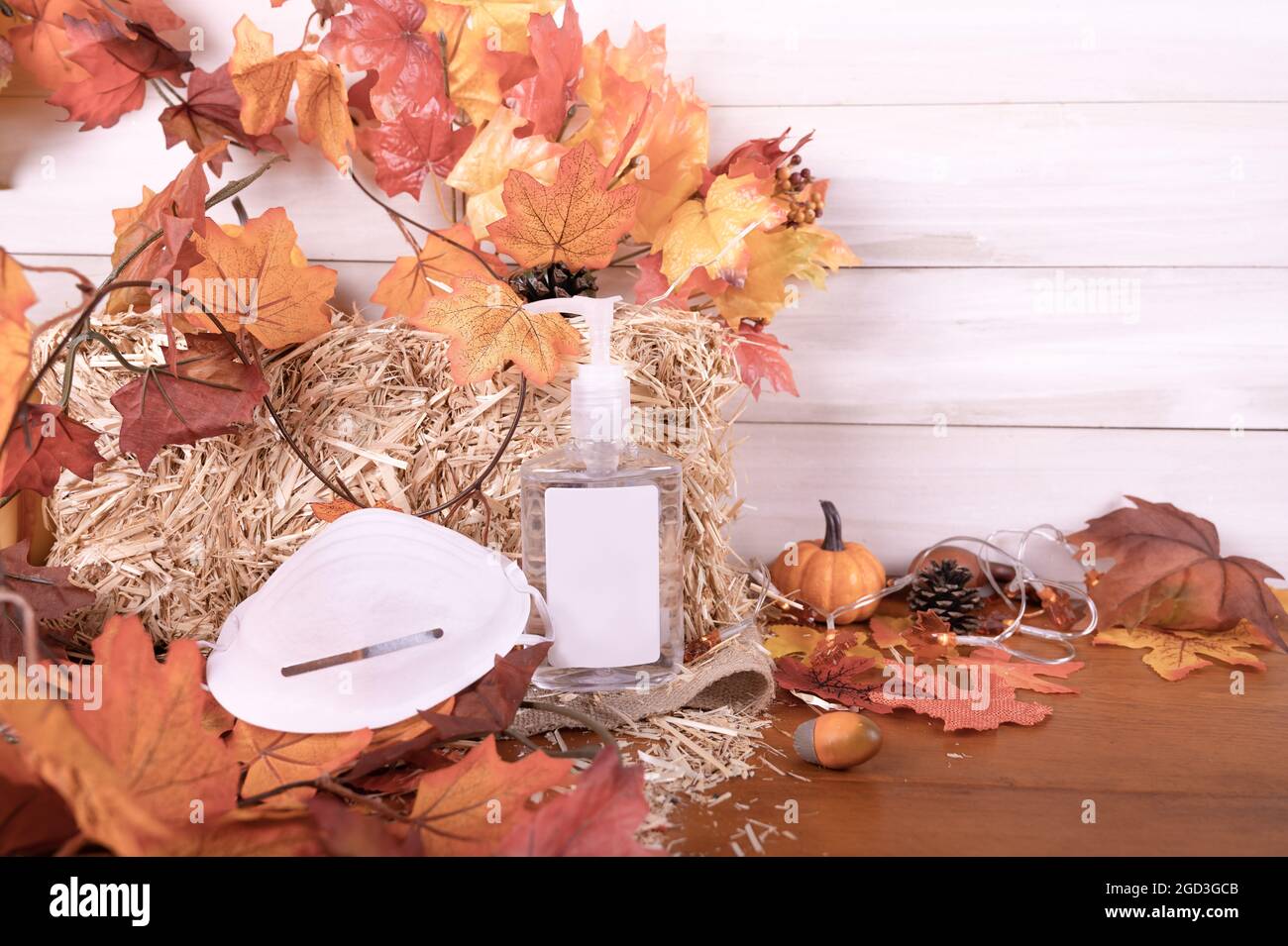 Happy Thanksgiving Day with face mask and hand sanitizer with copy space. Stock Photo